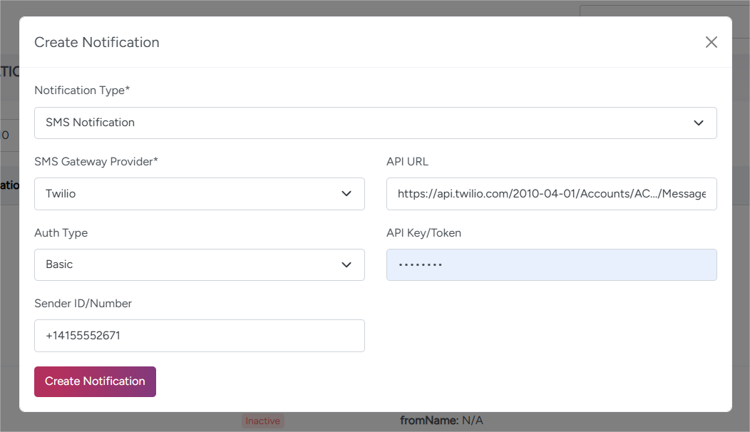 SMS Provider Settings Screenshot
